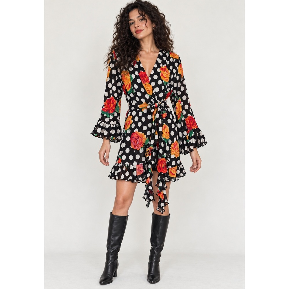 Ste-Marie Women Vintage Black Polka Dot Floral Ruffle Wrap Dress M